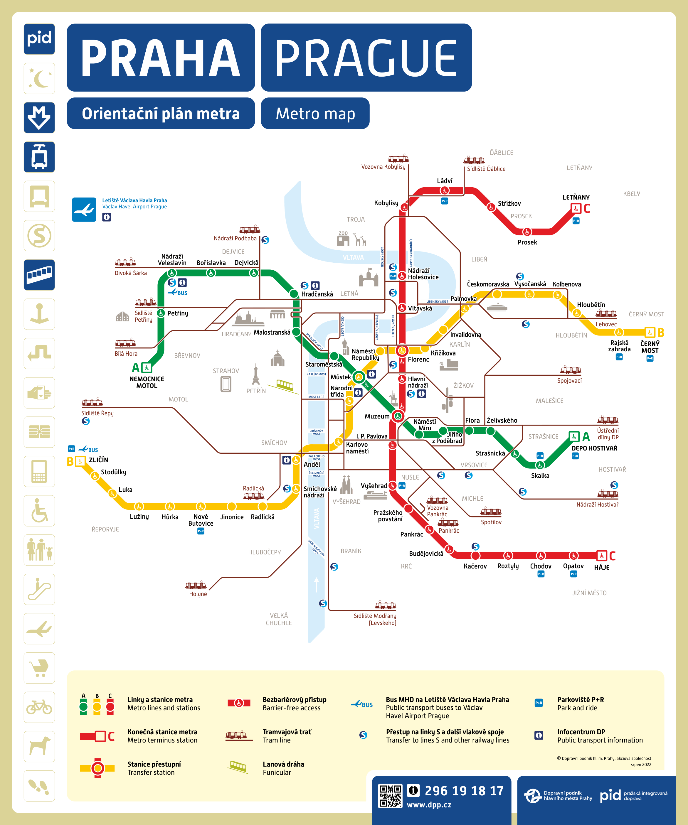 Mapa de las tres líneas de Metro de Praga