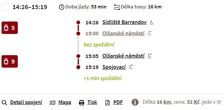 Ukázka zobrazení zpoždění tramvají ve vyhledávači na webu dpp.cz