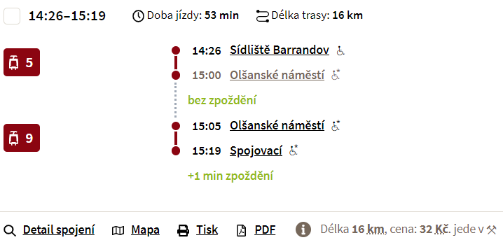 Ukázka zobrazení zpoždění tramvají ve vyhledávači na webu dpp.cz