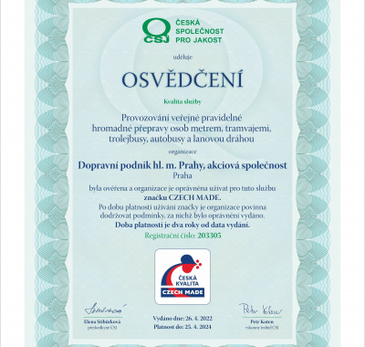 DPP získal ocenění CZECH...