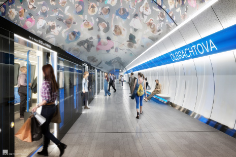 2019 - stanice Olbrachtova - nástupiště s výtvarným návrhem, autor Vladimír Kokolia