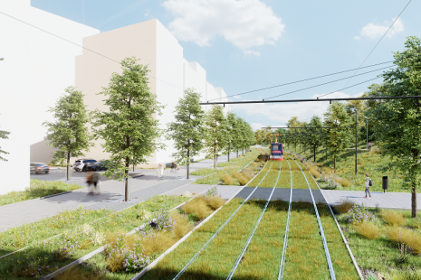 Nová tramvajová trať Olšanská – Habrová, úsek mezi zastávkami Malešická a&nbsp;Nad Kapličkou. Autor vizualizace: ARCHEVIO STUDIO