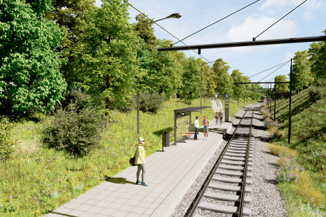 Nová tramvajová trať Olšanská – Habrová, jednokolejný úsek – zastávka Habrová. Autor vizualizace: ARCHEVIO STUDIO