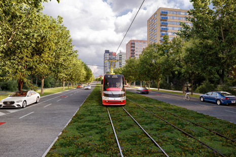 Nová tramvajová trať Počernická, úsek tratě u&nbsp;Hostýnské ulice. Autor vizualizace: Atelier Onixia