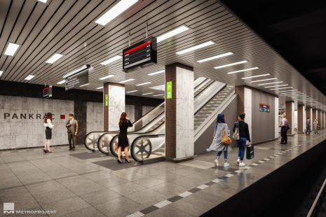 Pankrác_2025 – architektonické a stavební úpravy v místě ukončení eskalátorů na nástupišti po jejich výměně