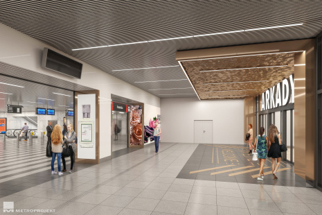 Pankrác_2025 – vstup do OC Arkády na úrovni vestibulu stanice, pohled směrem do budoucího vestibulu trasy D zakrývá provizorní dělící konstrukce (design prostoru studio CHAPMAN TAYLOR s.r.o.)
